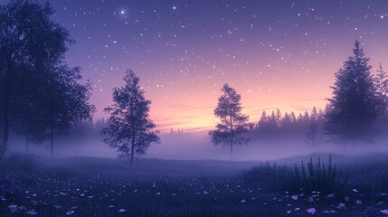 Fototapeta premium A tranquil pre-dawn landscape under a fading starlit sky, with slender trees and wildflowers bathed in ethereal light, evoking serenity, quiet anticipation, and the promise of new beginnings.