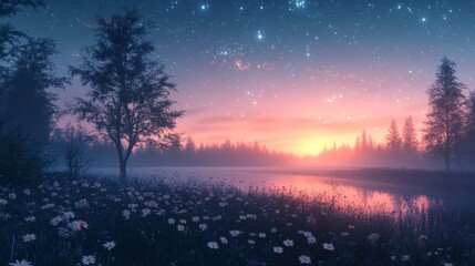 Naklejka premium A tranquil pre-dawn landscape under a fading starlit sky, with slender trees and wildflowers bathed in ethereal light, evoking serenity, quiet anticipation, and the promise of new beginnings.