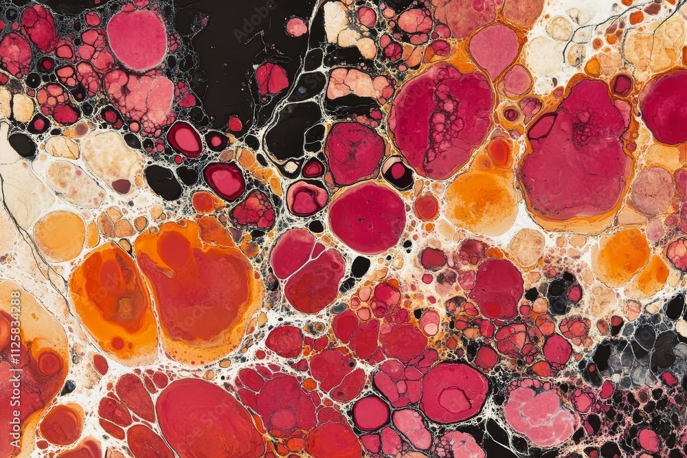 Poster vibrant abstract fluid art with bold reds, oranges, and black background, showcasing a mesmerizing a