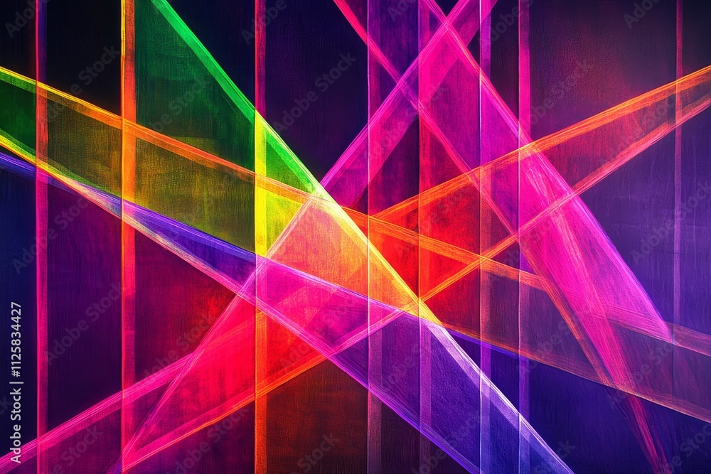 Poster vibrant abstract light patterns with dynamic colors intersecting at varying angles on a dark backgro