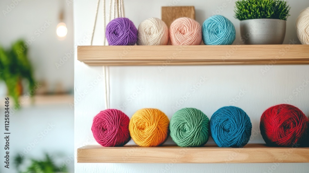 Poster A colorful display of yarn balls neatly organized on wooden shelves, creating a vibrant and inviting space for crafting and knitting projects.
