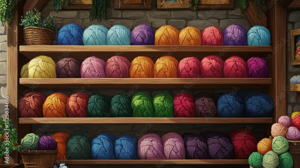 Poster A colorful display of yarn balls neatly organized on wooden shelves, creating a vibrant and inviting space for crafting and knitting projects.