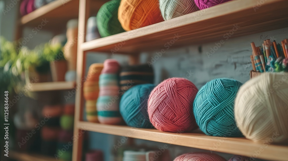 Aufkleber a colorful display of yarn balls neatly organized on wooden shelves, creating a vibrant and inviting