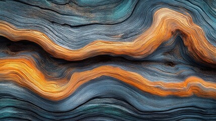 Abstract wood texture with swirling grain patterns in blue, teal, and orange.