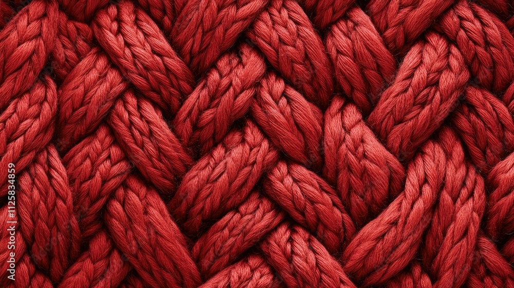 Poster a cozy close-up of knitted wool with intricate red braids woven into the design, showcasing texture 