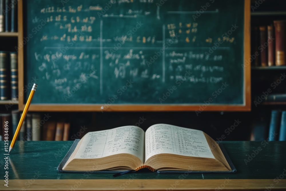 Poster open book on desk with chalkboard and bookshelves in background.