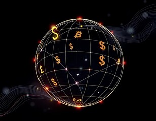 Abstract lines forming the shape of a globe with financial symbols