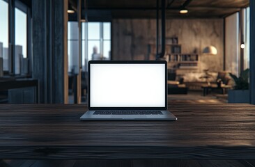 Fototapeta premium Laptop with blank screen on wooden desk in modern office.
