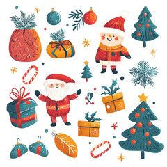 Fototapeta premium Joyful Christmas Collection: Santa, Snowman, and Festive Decorations