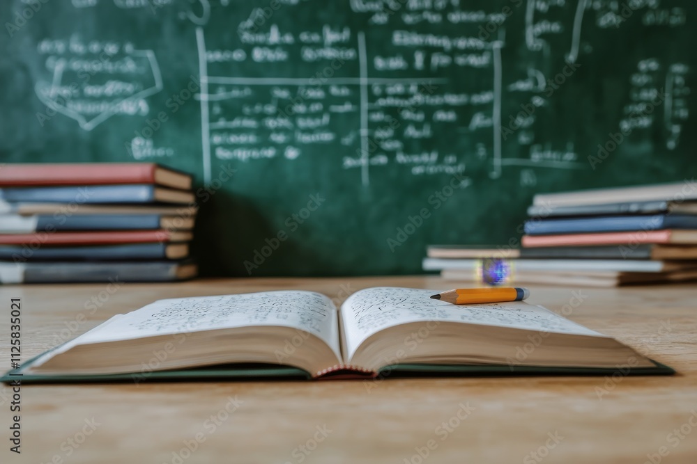 Poster open book on desk with stacks of books and chalkboard with equations in background.
