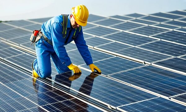 A worker in a yellow helmet and gloves is cleaning solar panels on a rooftop, emphasizing the maintenance of renewable energy technology.