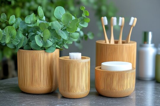 Bamboo bathroom organizers with toothbrushes, soap, and eucalyptus.