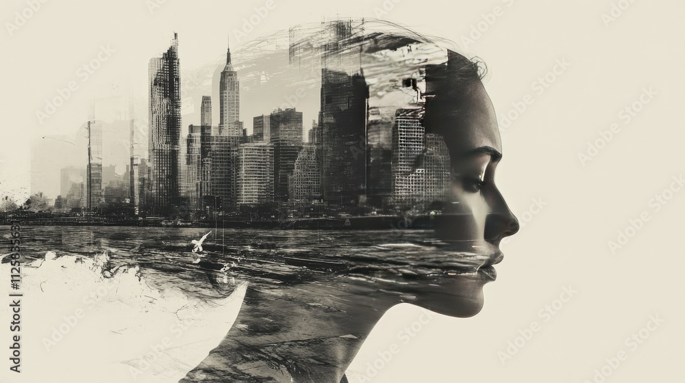 Poster A creative double exposure of a peaceful profile blended with a dynamic cityscape, symbolizing harmony between self and city.