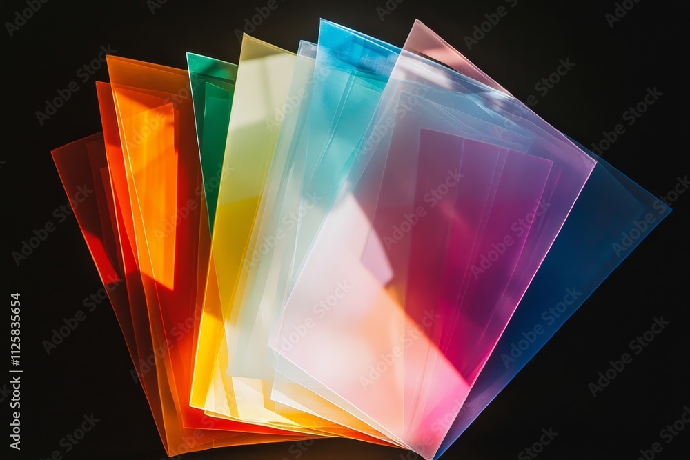 Poster vibrant collection of colorful transparent plastic sheets arranged in a dynamic overlapping pattern 