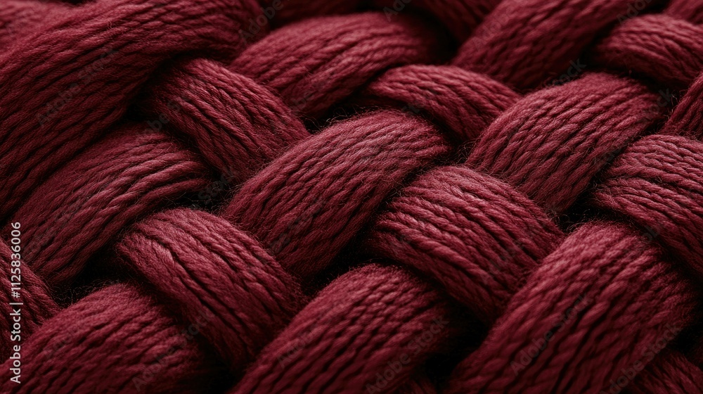 Poster A detailed close-up view of knitted wool fabric in deep red, highlighting the elegant braided pattern and the softness of the texture