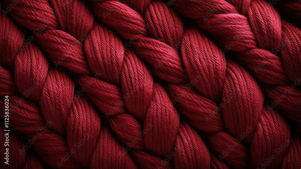 Poster A detailed close-up view of knitted wool fabric in deep red, highlighting the elegant braided pattern and the softness of the texture