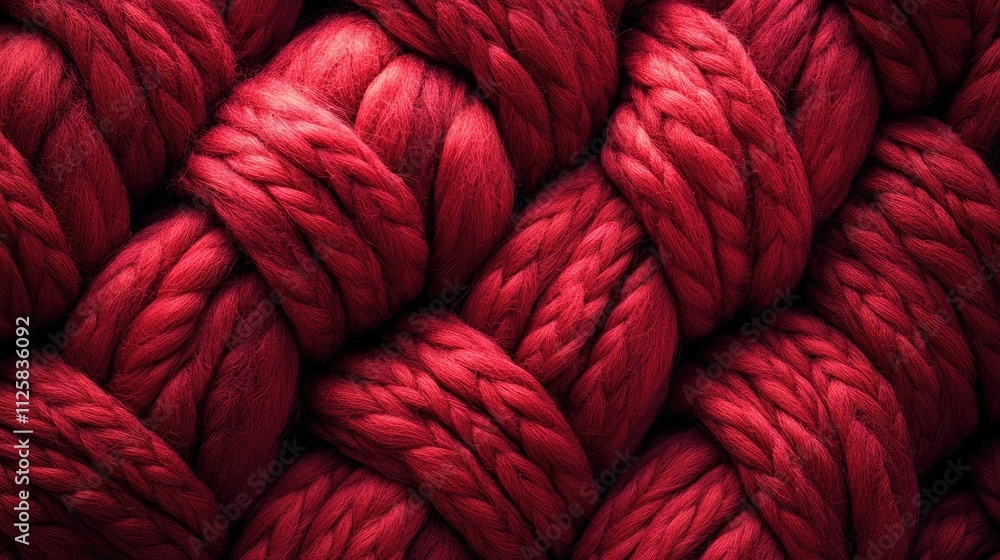 Poster A detailed shot of a knitted wool fabric, featuring a complex red braid pattern with soft and inviting textures, ideal for textile design backgrounds