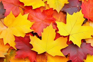 Fototapeta premium Vibrant Fall Leaves Displaying a Rich Palette of Red, Yellow, and Orange Hues on a Rustic Background, Capturing the Essence of Autumn Season's Beauty and Transition