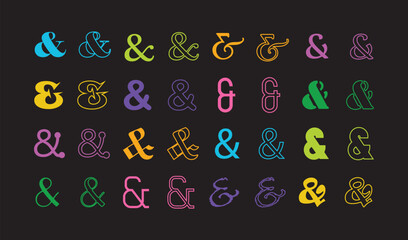 Colorful silhouette and line different isolated ampersand signs icons set design elements template on black background