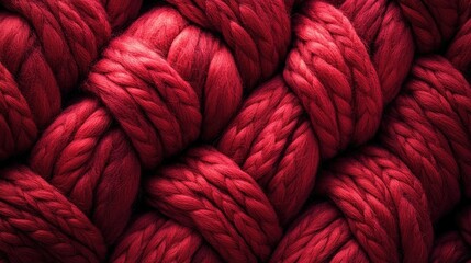 Obraz premium A detailed shot of a knitted wool fabric, featuring a complex red braid pattern with soft and inviting textures, ideal for textile design backgrounds