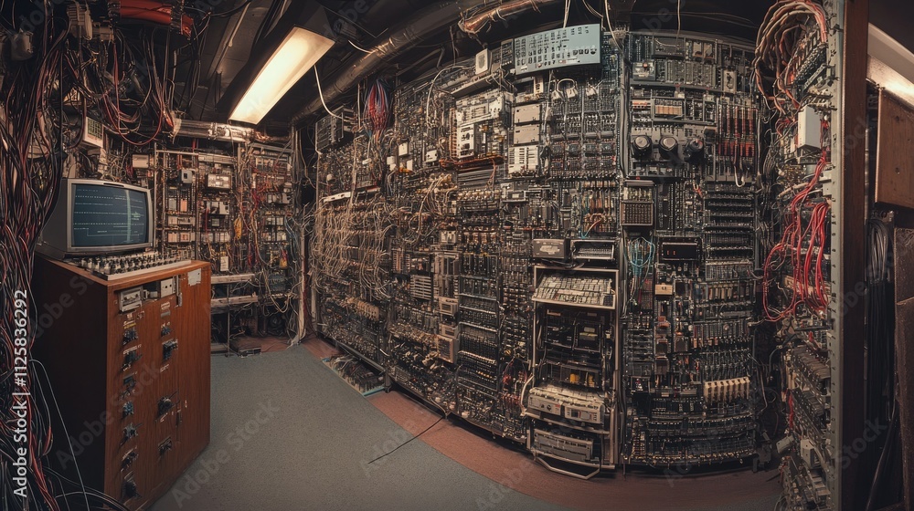 Poster a detailed shot of neatly organized wires and cables in a computer wiring room, showcasing a high-te