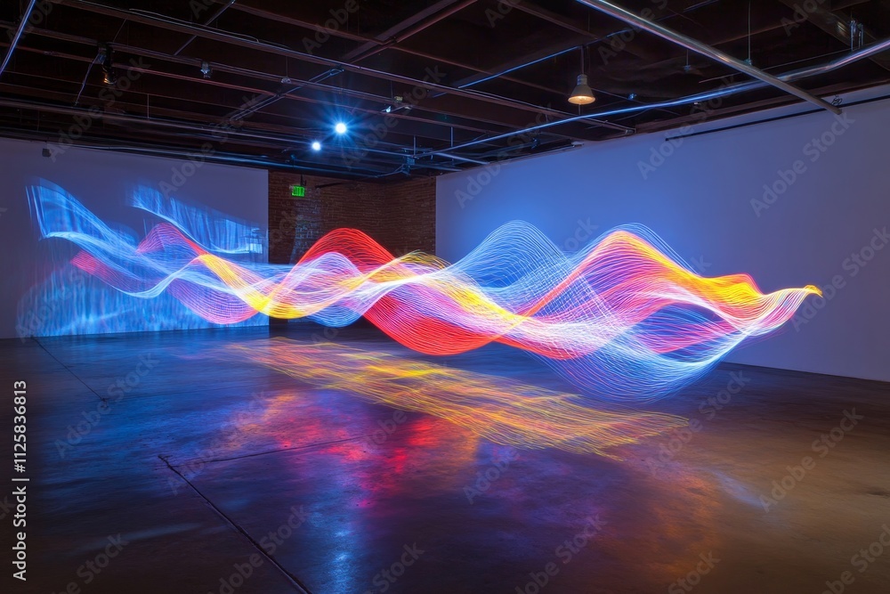 Poster vibrant light trails in dark gallery space creating a sense of motion and energy through colorful wa