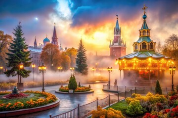 Fototapeta premium Dense Moscow fog shrouds the Kremlin, Kutafia Tower, Alexander Garden, and Manege, sharply focused.