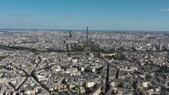PARIS, FRANCE - OCTOBER 3, 2024: Aerial view of the iconic skyline showcasing the Eiffel Tower and vibrant cityscape