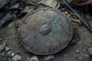 A worn, round shield resting on the ground, suggesting historical or battle significance.