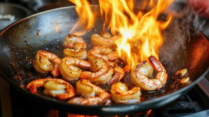 A dynamic shot of a chef cooking shrimp with a fiery stir-fry technique in a professional kitchen, flames enhancing the seafood dish preparation.