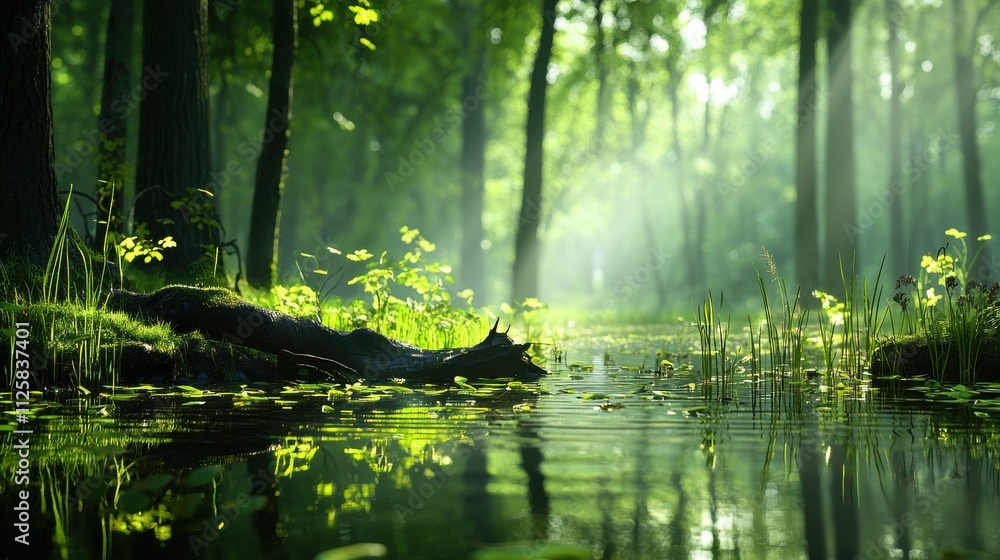 Poster captivating reflection of a tranquil forest pond enveloped in mist nature photography lush green env