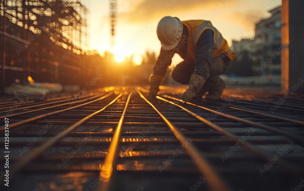 Poster construction worker installing rebar at sunset. (2)