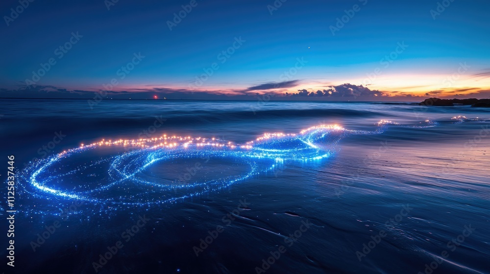 Poster a dynamic scene of blue waves illuminated with sparkling light effects, creating an enchanting and m