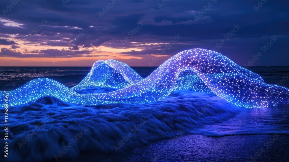 Poster a dynamic scene of blue waves illuminated with sparkling light effects, creating an enchanting and m