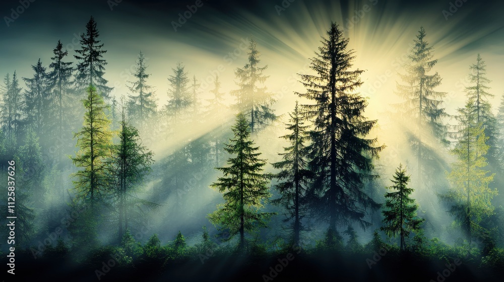 Poster misty dawn rising above forest trees enhancing nature's serenity in the wilderness environment with 