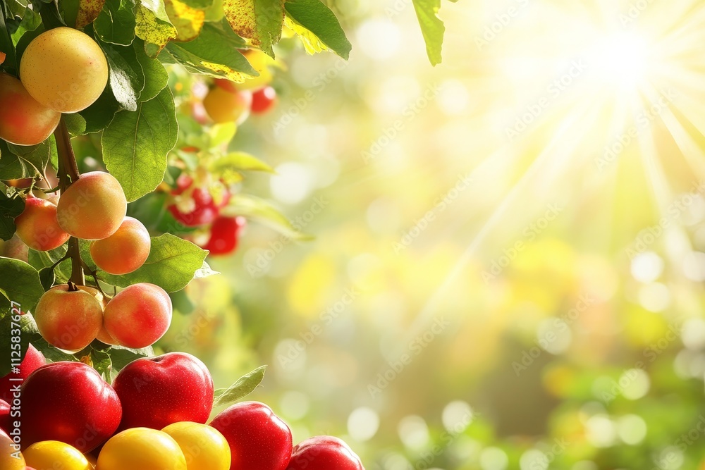 Poster vibrant orchard scene featuring ripe apples and plums with sunlight filtering through leaves creatin