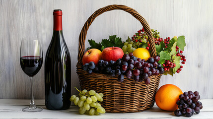 a basket full of fresh fruit with wine and a glass of wine on a white wooden table top