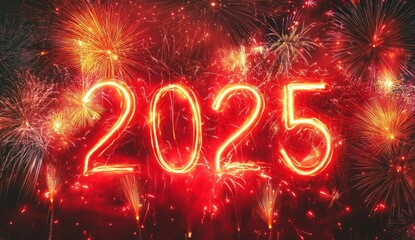 Fireworks display with the numbers "2025" written in red
