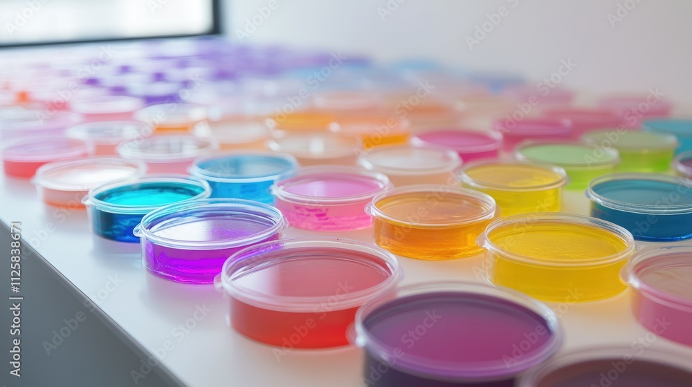 Poster a laboratory counter filled with rows of colorful petri dishes, symbolizing the diversity of scienti