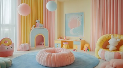 A children’s poster mockup in a playful nursery setting, surrounded by toys and pastel-colored walls