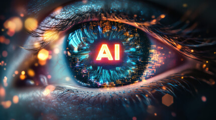 A close-up of an eye with the letters "AI" reflected in it, surrounded by glowing lights and vibrant colors representing artificial intelligence technology