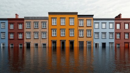 impact result environmental concept. Flooded buildings reflecting in water with vibrant colors.