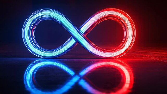 Neon light infinity symbol with blue and red glow reflected on dark surface