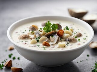 A close-up shot of clam chowder in a matte white bowl.