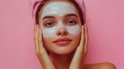 A young woman applying a sheet mask to her face on a pink background, a beauty and skin care concept