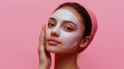 A young woman applying a sheet mask to her face on a pink background, a beauty and skin care concept