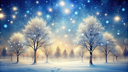 Tranquil winter landscape with illuminated trees and gently falling snowflakes, winter, landscape, tranquil