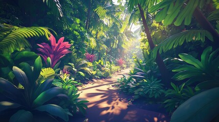 A vibrant Central American rainforest with a winding jungle trail surrounded by lush greenery, tropical plants, and dappled sunlight.