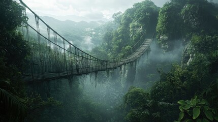 Fototapeta premium A misty suspension bridge winds through a lush tropical forest, disappearing into the dense greenery, evoking a sense of mystery and adventure
