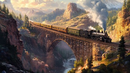 Fototapeta premium A vintage train crossing a high bridge over a deep canyon, surrounded by stunning landscapes of forests and rugged cliffs